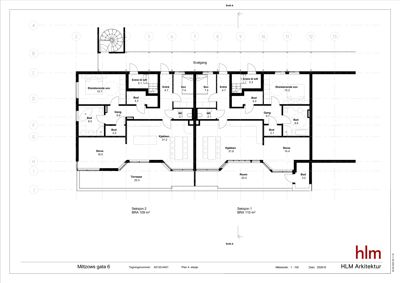 Etasjeplan (1. etasje) som viser romfordeling, arealer og funksjoner for to leiligheter i en bygning.
