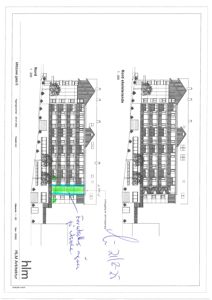 Fasadetegning (opprikk) av en bygning sett fra nord, med håndskrevne merknader om 'Forutsette øker' og 'Inngang til kommunepark'.