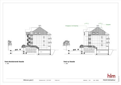 Fasadetegning som viser eksisterende og ny vestfasade på en bygning, inkludert detaljer om takoppsett og innbygging av ramningstrapp.