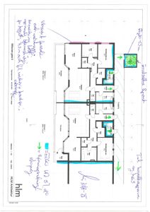 Etasjeplan (1. etasje) for bygningen 'MILZOWE GATE 6' med romoppdeling, arealer og håndskrevne notater om endringer.