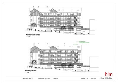 Fasadetegning som viser eksisterende og ny fasade for en bygning på Miltzows gata 6.