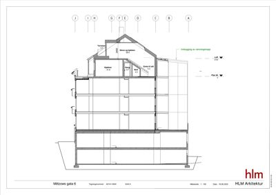 Snittegning som viser bygningens tverrsnitt, romfordeling og høyder.