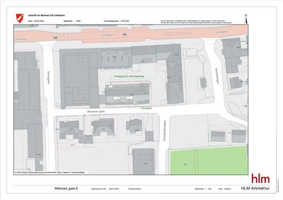 Situasjonsplan som viser bygningenes plassering i forhold til gater (Uttrågata, Skulegata, Miltzows gata, Hestehakkvegen) og nabolag.