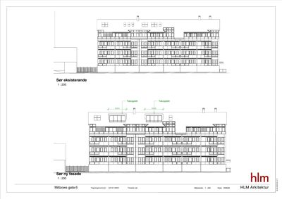 Fasadetegning som viser eksisterende og planlagt ny fasade på sørsiden av bygningen.