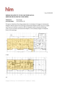Bildet viser en plantegning for etasjen 4 (høyd) i en bygning. Tegningen illustrerer romfordeling, vegger og et utvidet areal (markert med gul farge) som er planlagt for en rammeløye.