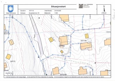 Situasjonskart som viser eiendomsgrenser, topografi og nabolag.