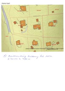 Et kart over et område (Asker-kart) som viser eiendommer, veier og høydeforhold.