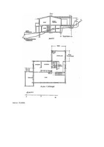 Bildet viser en tegning med et snitt (SNITT) og en etasjeplan (PLAN 1. ETASJE) for en bygning, inkludert romnavn og mål.