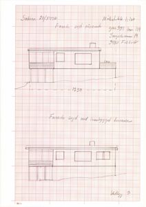 Håndtegnet fasadeopprikk (fra syd) med mål og skriftlige notater.