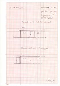 Fasadetegning med to utsnitt av en bygning sett fra nord mot øst, inkludert håndskrevne notater om mål, adresse og utvidelser.