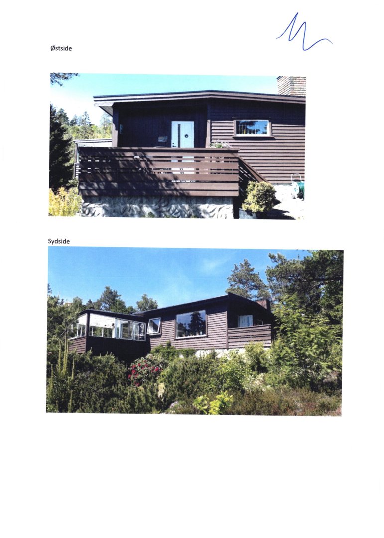 Fotografier av en bygning sett fra øst og syd.