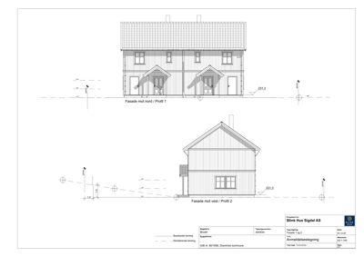 Fasadetegning som viser fronten og siden av et toetasjes hus med vinduer, dører og tak.