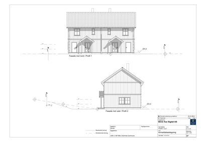 Fasadetegning som viser fronten og siden av et toetasjes hus med tak og vinduer.