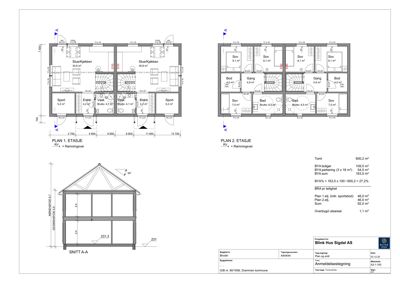 Bildet viser et arkitekttegnet ark med to etasjeplan (PLAN 1. ETASJE og PLAN 2. ETASJE) samt et snitt (SNITT A-A) og en oppsummering av areal. Dette er en standard tegningsside for romfordeling og konstruksjon.