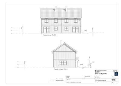 Tegning som viser fasade mot syd og fasade mot øst for en toetasjes bolig.