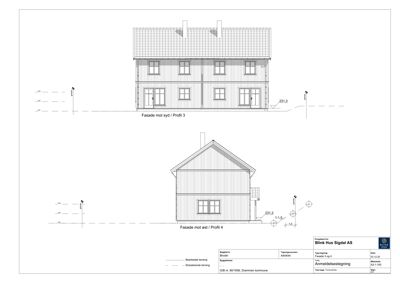 Tegning som viser fasade mot syd og fasade mot øst for en toetasjes bolig.