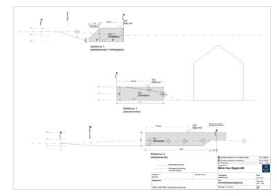 Tegning som viser detaljerte oppriss og dimensjoner for støttemurer (Støttemur 1, 2 og 3) i forhold til terreng og nabotomt.