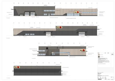 Fasadetegning som viser bygningens ytre utseende fra flere vinkler (front, side og bakside) med detaljer om materialer og konstruksjon.