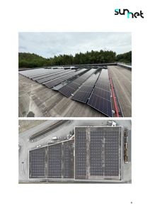 To fotografier av et solcelleanlegg på et flatt tak. Øverste bilde viser et nærbilde av panelene, mens nederste bilde viser et luftfoto (top-down) av hele anlegget.