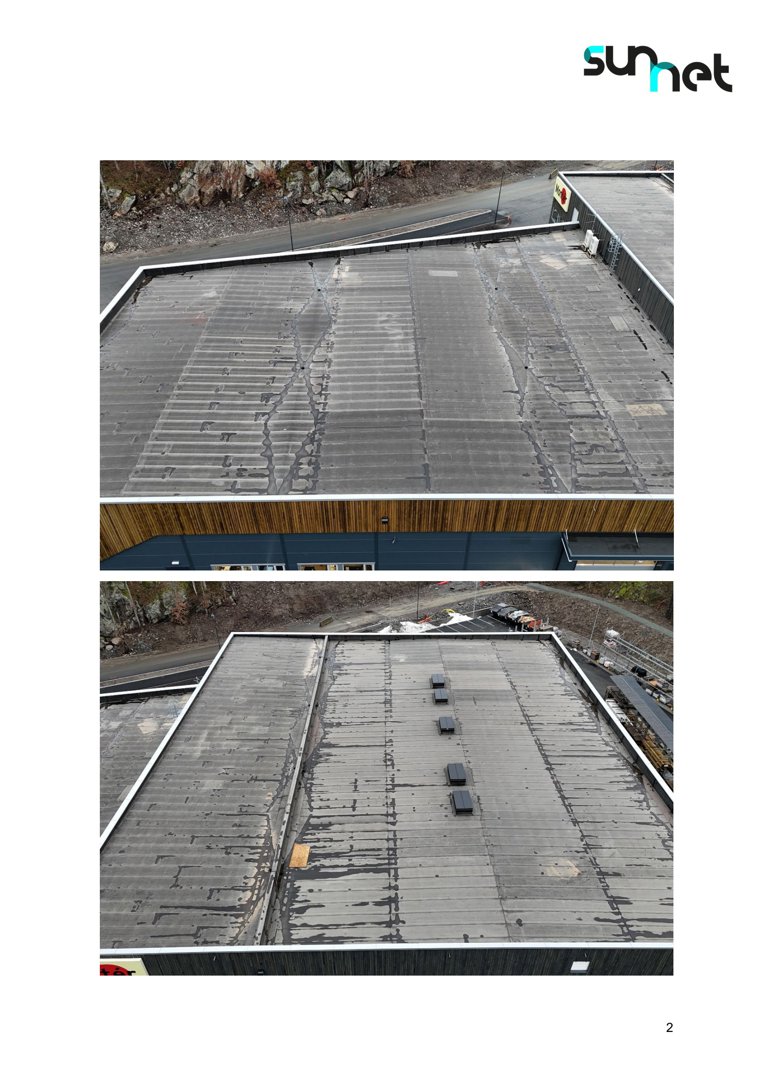 Fotografier av et tak sett fra luften. Bildene viser takflaten, takrenner, og omgivelsene med vei og berg.