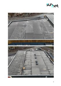 Fotografier av et tak sett fra luften. Bildene viser takflaten, takrenner, og omgivelsene med vei og berg.