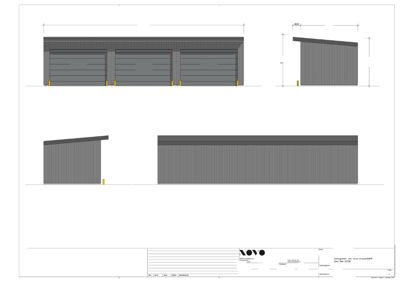 Fasadetegning som viser oppriss av bygningens sider (Nord-Vest, Sør-Vest, Nord-Øst, Sør-Øst) med mål og detaljer for leddører.