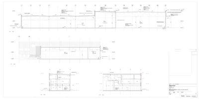 Snittegning som viser bygningens tverrsnitt, konstruksjon og romfordeling.