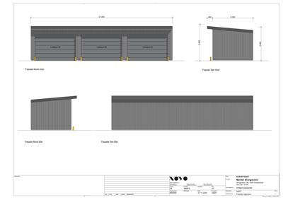 Fasadetegning som viser oppriss av bygningens sider (Nord-Vest, Sør-Vest, Nord-Øst, Sør-Øst) med mål og detaljer for leddører.