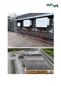 To foton som viser installasjon av solcellepaneler og inverter på en bygning. Øverste bilde er et nærbilde av utstyr på veggen, nederste bilde er et luftfoto av taket med paneler.