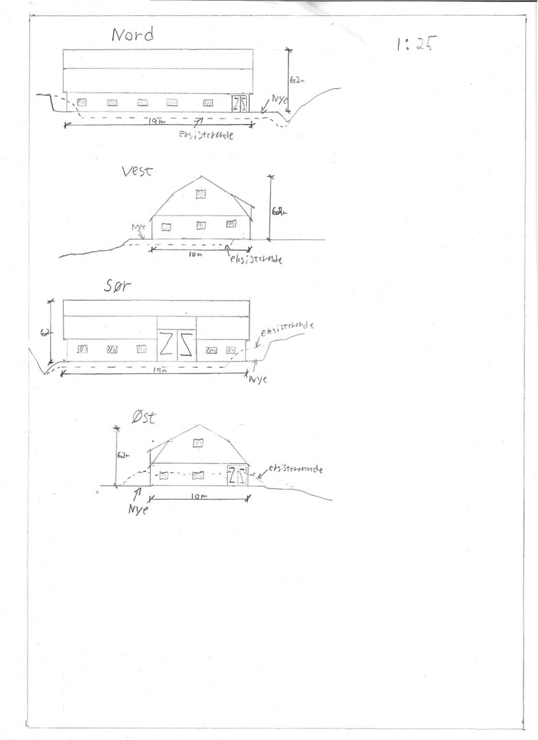 Håndtegnet oppriss (fasadetegning) av en bygning sett fra fire sider: Nord, Vest, Sør og Øst.