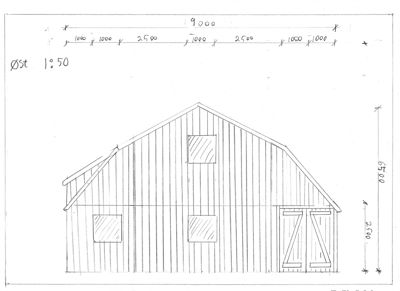 Oppriss (fasadetegning) av en bygning med mål på bredden og høyden, samt plassering av vinduer og dører.