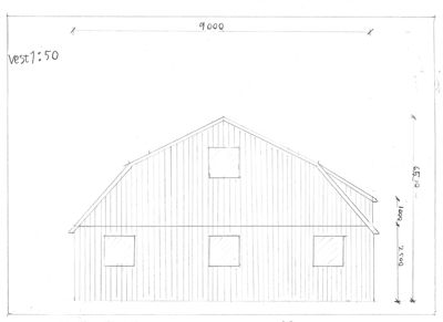 En håndtegnet fasade (vest) av en bygning med mål og vindusoppsett.