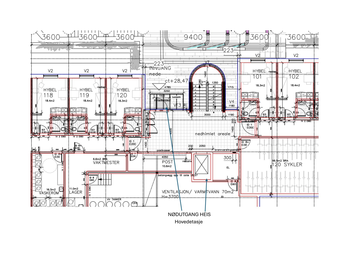 Hovedetasjens plan med romfordeling, inngang, heis, trapp og hybler.