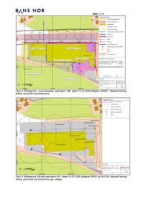 Situasjonsplan som viser tomtens grenser, eksisterende og planlagt bebyggelse (gule/pink felter), samt overlappende vannreservoarer (røde sirkler). Tegningen inneholder også en nøkkel for reguleringer og et nordpil.