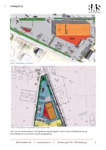 Bildet viser to situasjonsplaner (Figur 2 og Figur 3) som illustrerer bygningens plassering i forhold til tomtegrenser, veier og nabolag.
