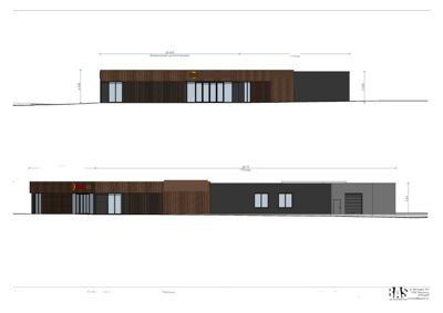 Tegning som viser fasadeoppsett for bygningen sett fra nord og vest, inkludert mål og materialebeskrivelser.