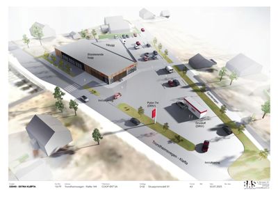 3D-situasjonsmodell som viser eksisterende og nytt bygg, parkering, veier og omgivelser.