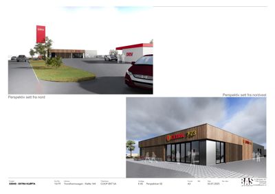 3D-visualiseringer (renderinger) av en planlagt bygning sett fra ulike vinkler (perspektiv sett fra nord og nordvest).