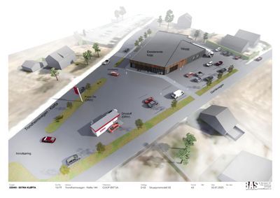3D-situasjonsmodell som viser eksisterende og nytt bygg, parkering, veier og innkjørsler.