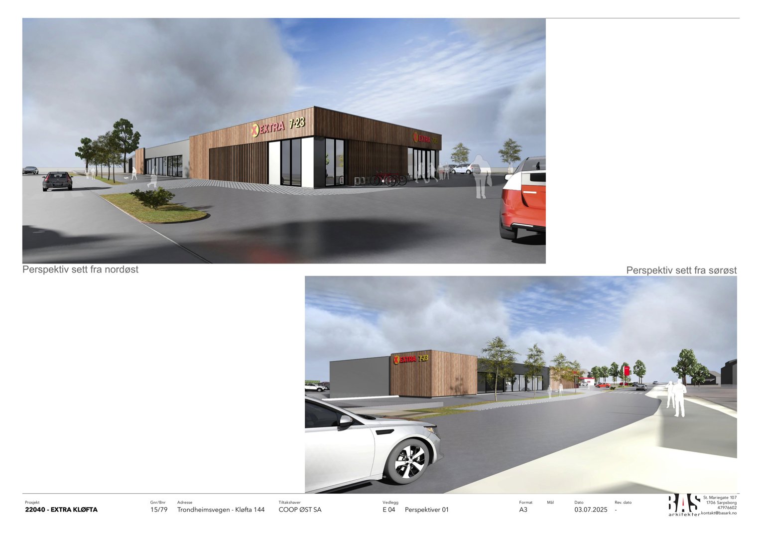 3D-visualisering (rendering) av en planlagt bygning sett fra to ulike perspektiver (nordøst og sørøst).