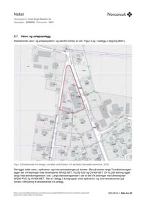 Kart over et område med eksisterende VA-anlegg, bygninger og veier.