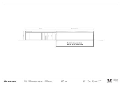 Snittegning som viser tverrsnitt gjennom en bygning med merking av 'Tilbygg' og 'Eksisterende bygg'.