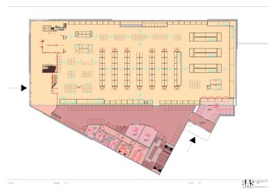 Etasjeplan (1. etasje) som viser romfordeling, eksisterende og tilbygg, samt tekniske detaljer som ventilasjon og utstyr.