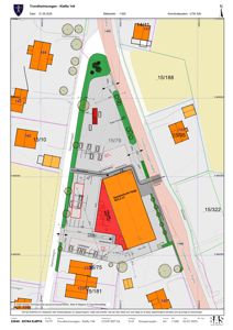 Situasjonsplan som viser tomtens beliggenhet, grenser, eksisterende og planlagt bebyggelse, samt veier og infrastruktur i Trondheim.