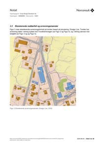Kart som viser eksisterende nedbørfelt og avrenningsmønster på en tomt, basert på simulering.
