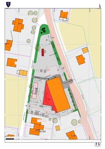 Situasjonsplan som viser tomtens beliggenhet, grenser, eksisterende og planlagt bebyggelse, samt veier og infrastruktur i Trondheim.