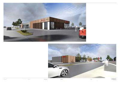 3D-visualisering (rendering) av en planlagt bygning sett fra to ulike perspektiver (nordøst og sørøst).