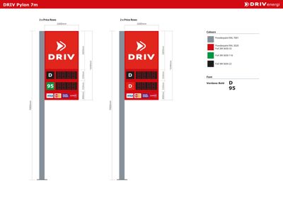 Detaljtegning av en 'DRIV Pylon 7m' med spesifikke mål, fargekoder (RAL og Foil) og fontinformasjon.