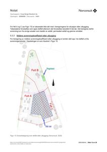 Oversiktsstegning som viser tomtens oppdeling i felt A, B og C, med plassering av regnbed og takarealer.