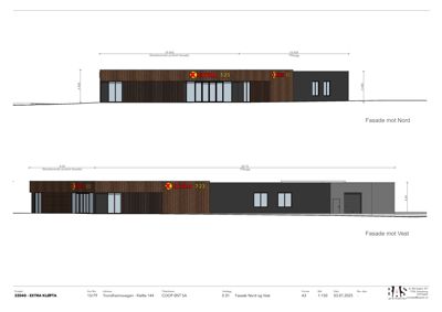 Tegning som viser fasadeoppsett for bygningen sett fra nord og vest, inkludert mål og materialebeskrivelser.